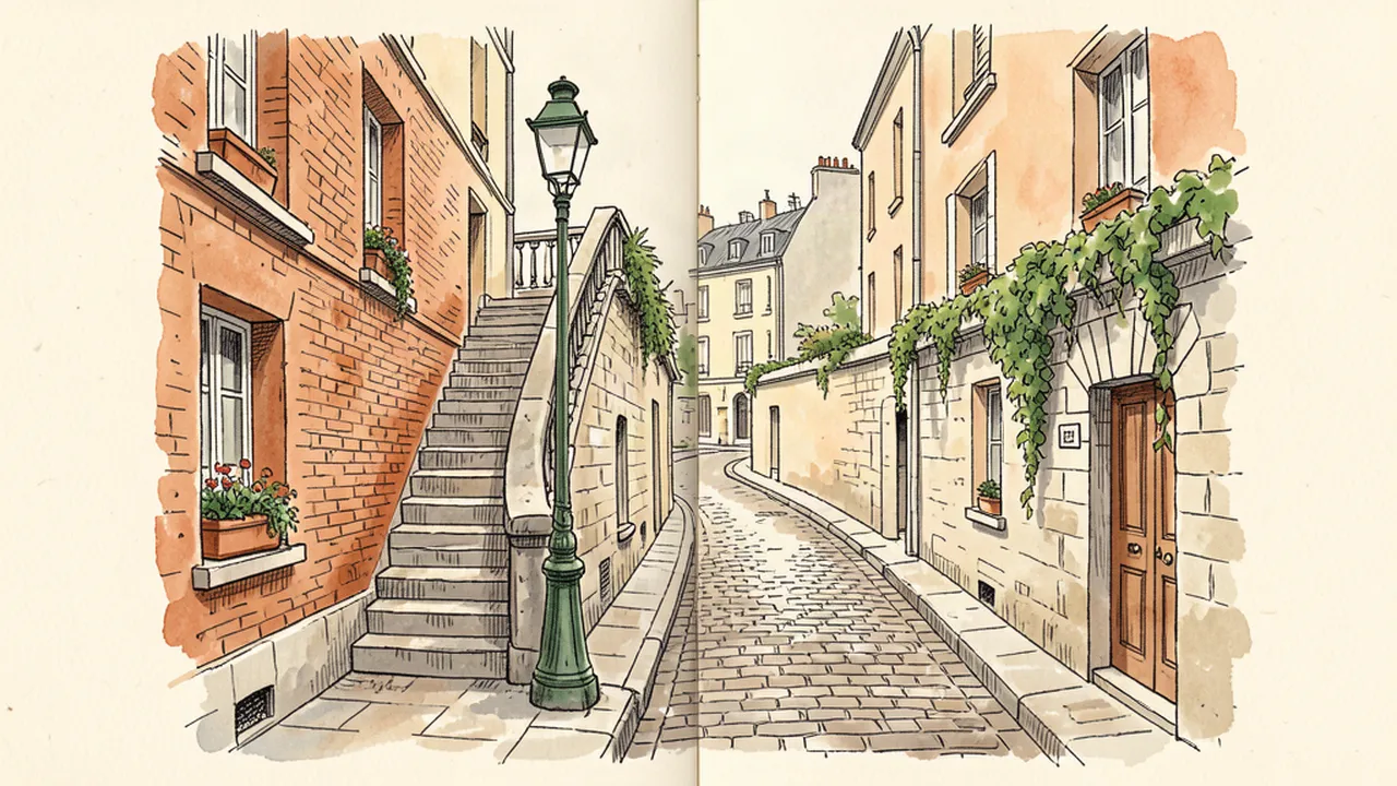 Illustration d'une ruelle pavée de Montmartre avec un escalier, des façades de briques et un lampadaire