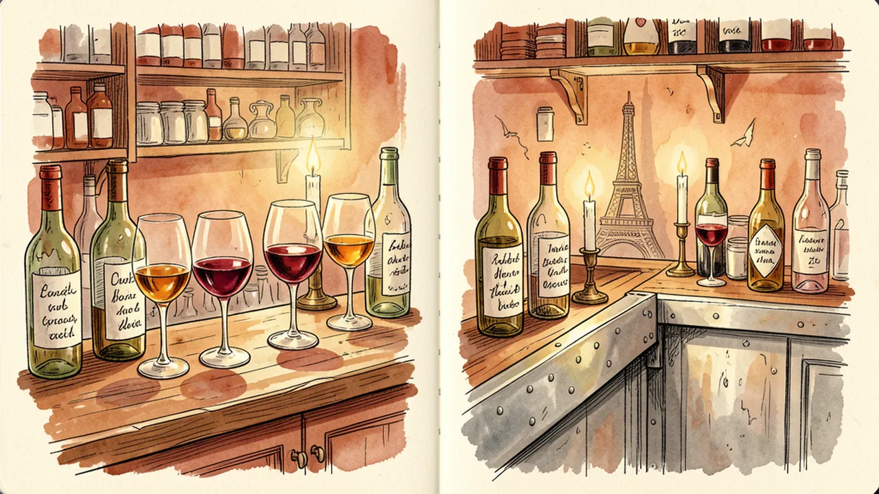 Illustration de l'intérieur d'un bar à vin nature parisien avec des verres et un comptoir en bois