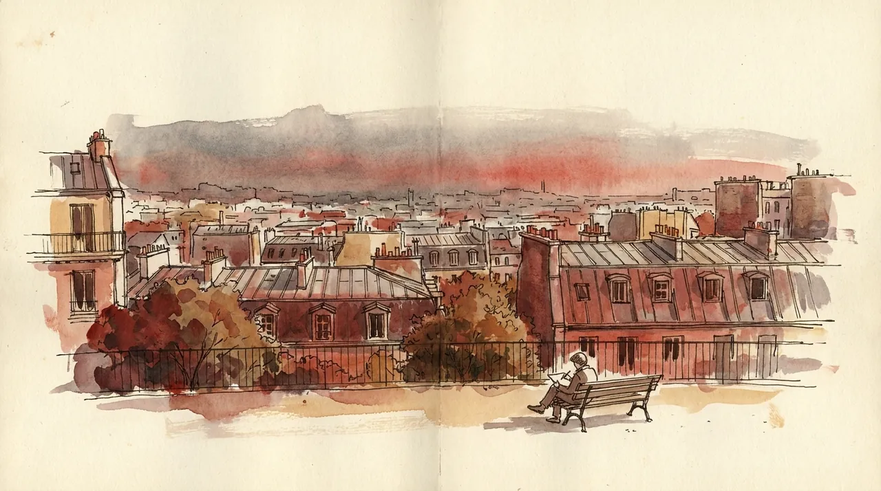 Illustration d'une vue sur les toits de Paris depuis Belleville