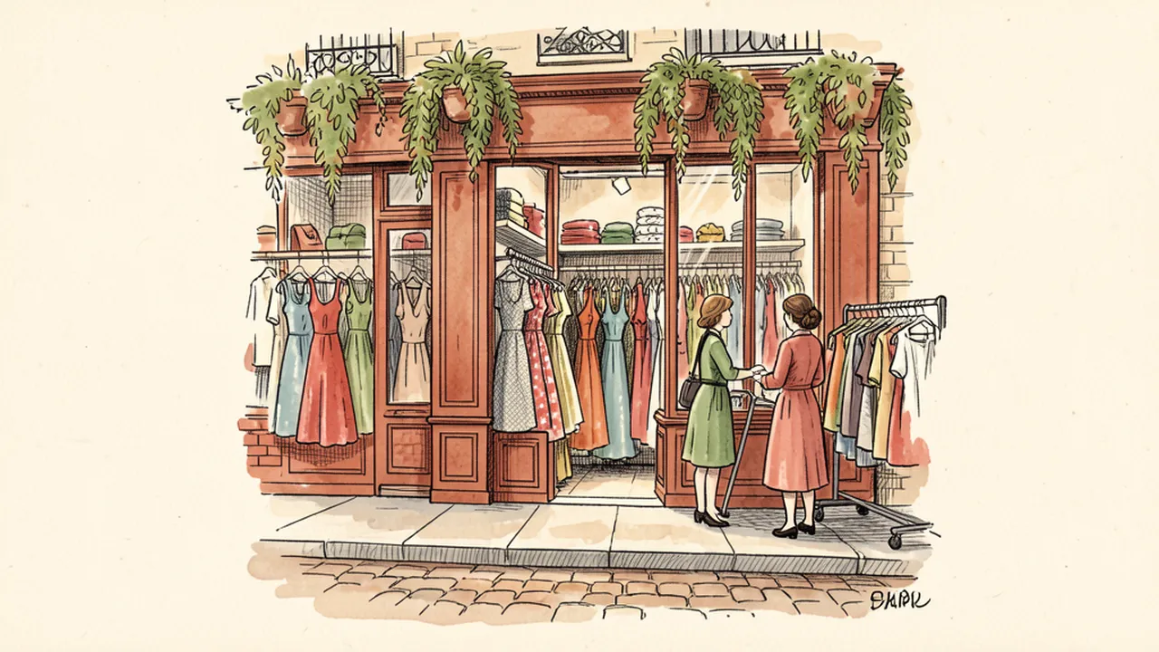 Illustration d'une devanture de friperie parisienne avec des vêtements vintage en vitrine