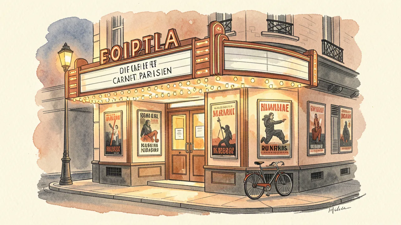 Illustration d'une façade de cinéma indépendant parisien avec marquise lumineuse et affiches de films