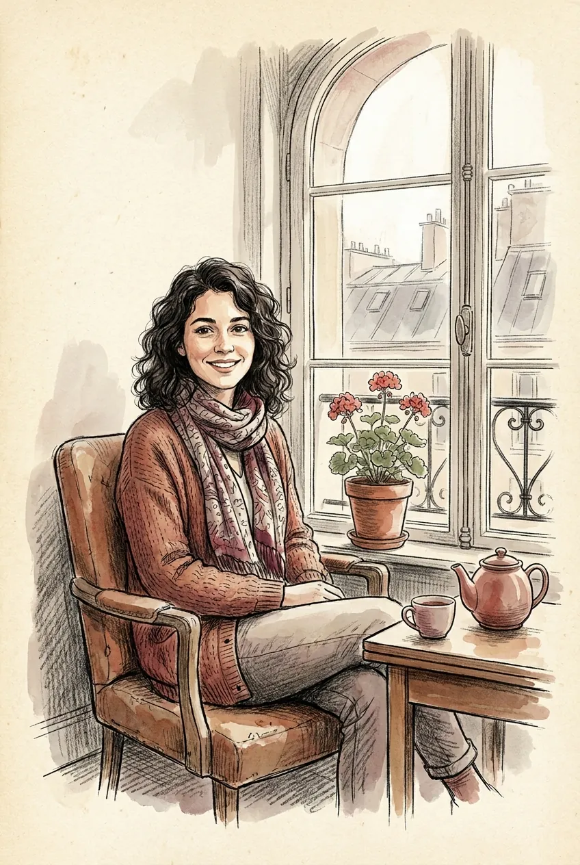 Illustration de Coco assise près de sa fenêtre avec une théière