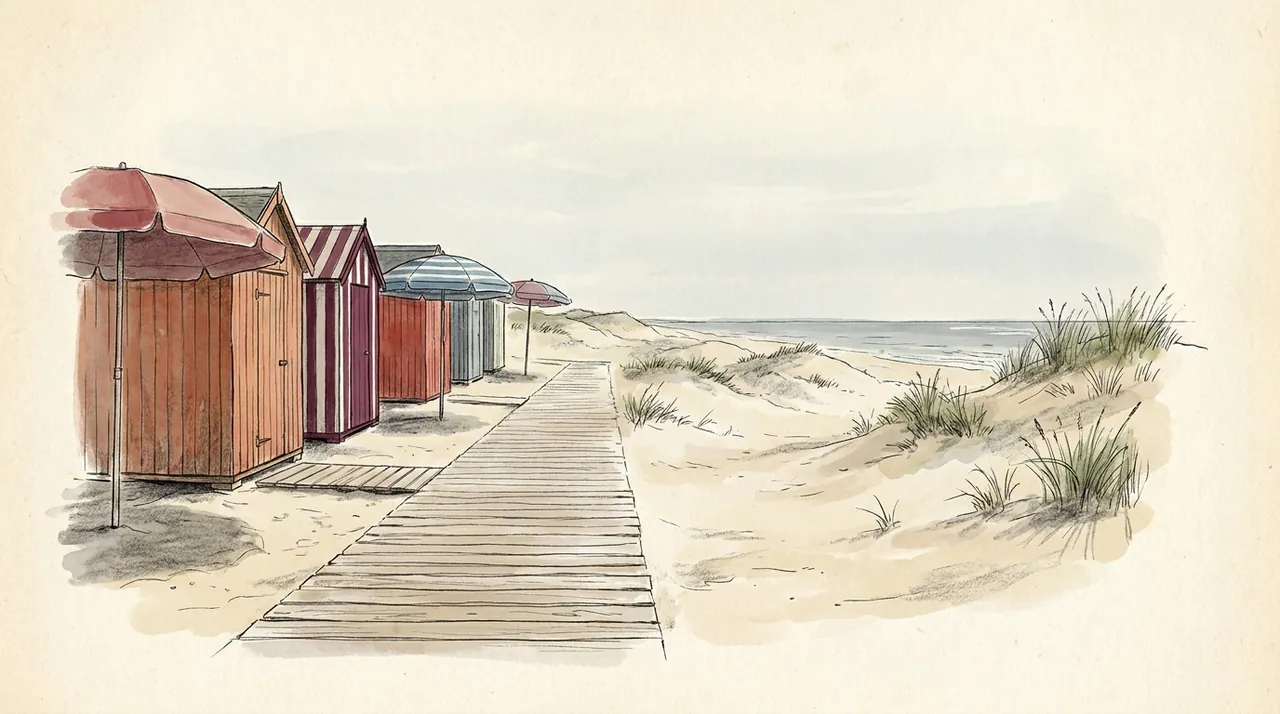 Illustration des planches d'une plage normande avec parasols rayés