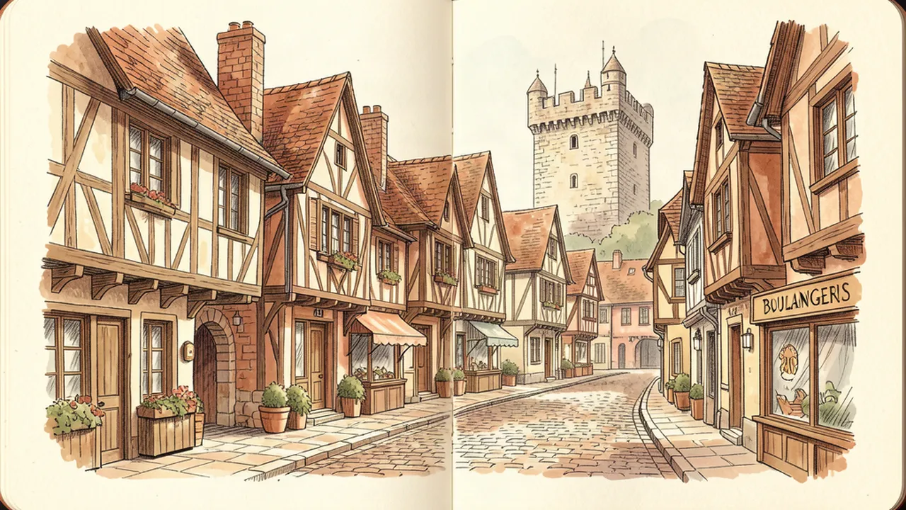 Illustration style carnet de voyage de la cité médiévale de Provins avec ses maisons à colombages, la Tour César en arrière-plan et une ruelle pavée