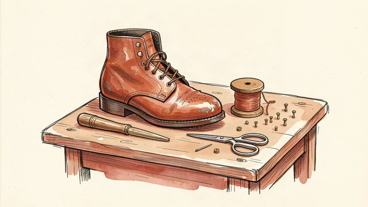 Illustration carnet d'un établi de cordonnier avec une bottine en cuir, du fil, un marteau et une bobine de fil terracotta
