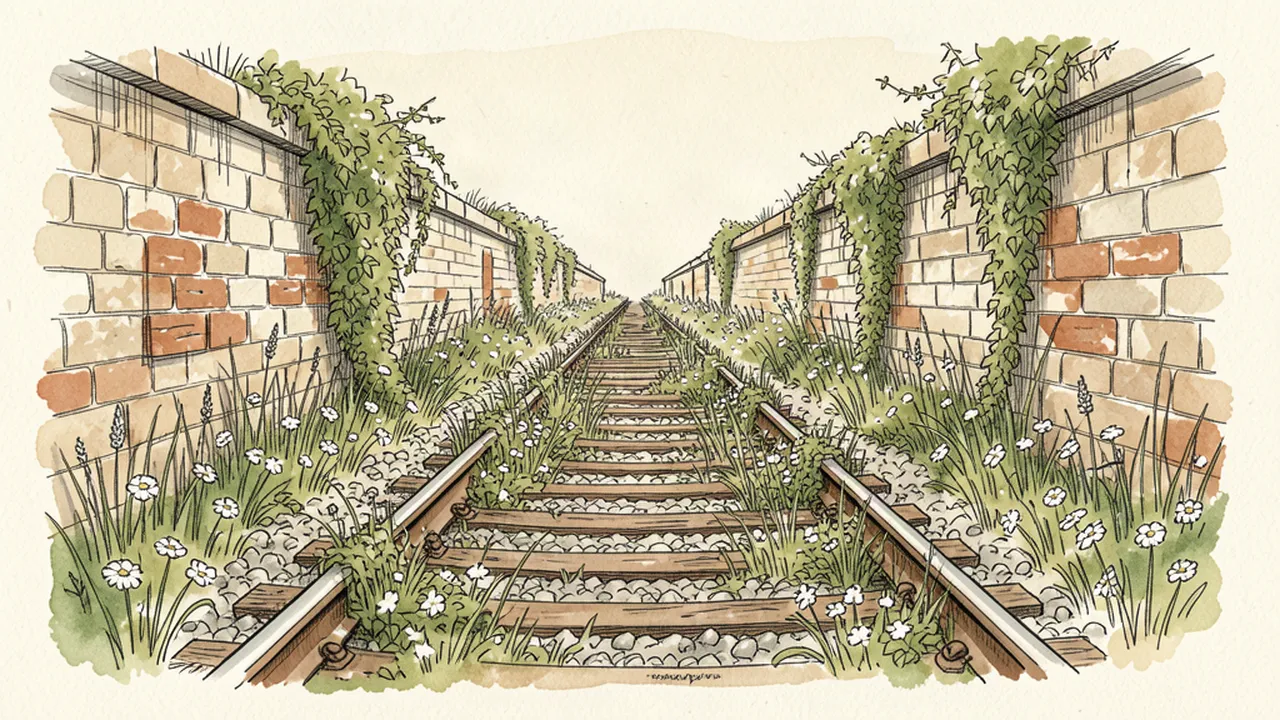 Illustration d'une voie ferrée abandonnée envahie d'herbes folles entre deux murs parisiens