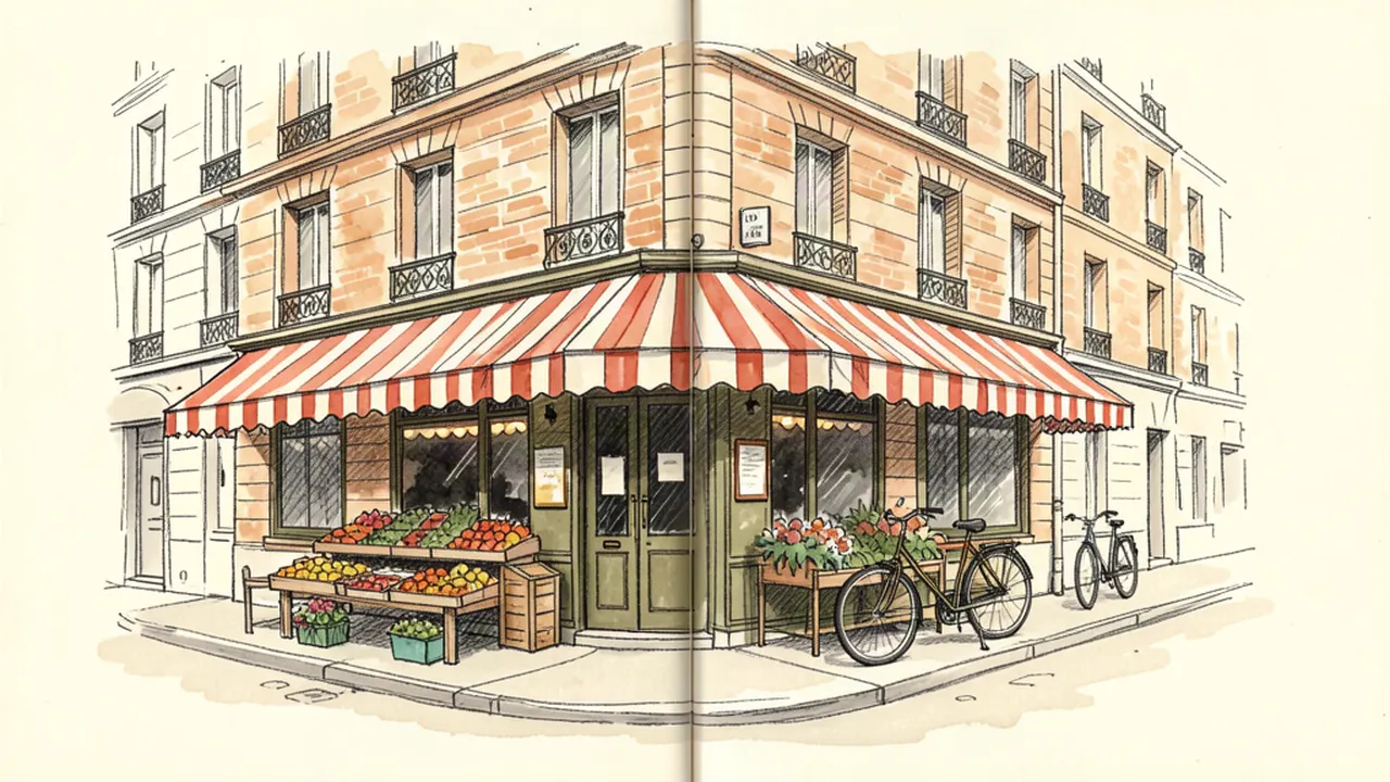 Illustration d'une rue du 11e arrondissement de Paris avec un café de coin et un étal de marché