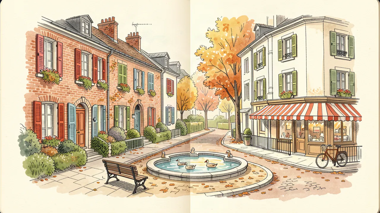 Illustration carnet d'une rue pavée des Batignolles bordée de maisons fleuries, avec un square, un banc et un café de coin