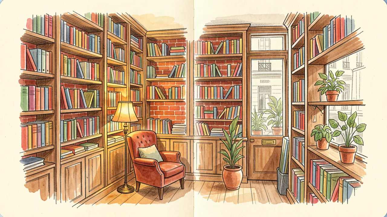 Illustration d'une librairie indépendante parisienne avec des étagères en bois pleines de livres
