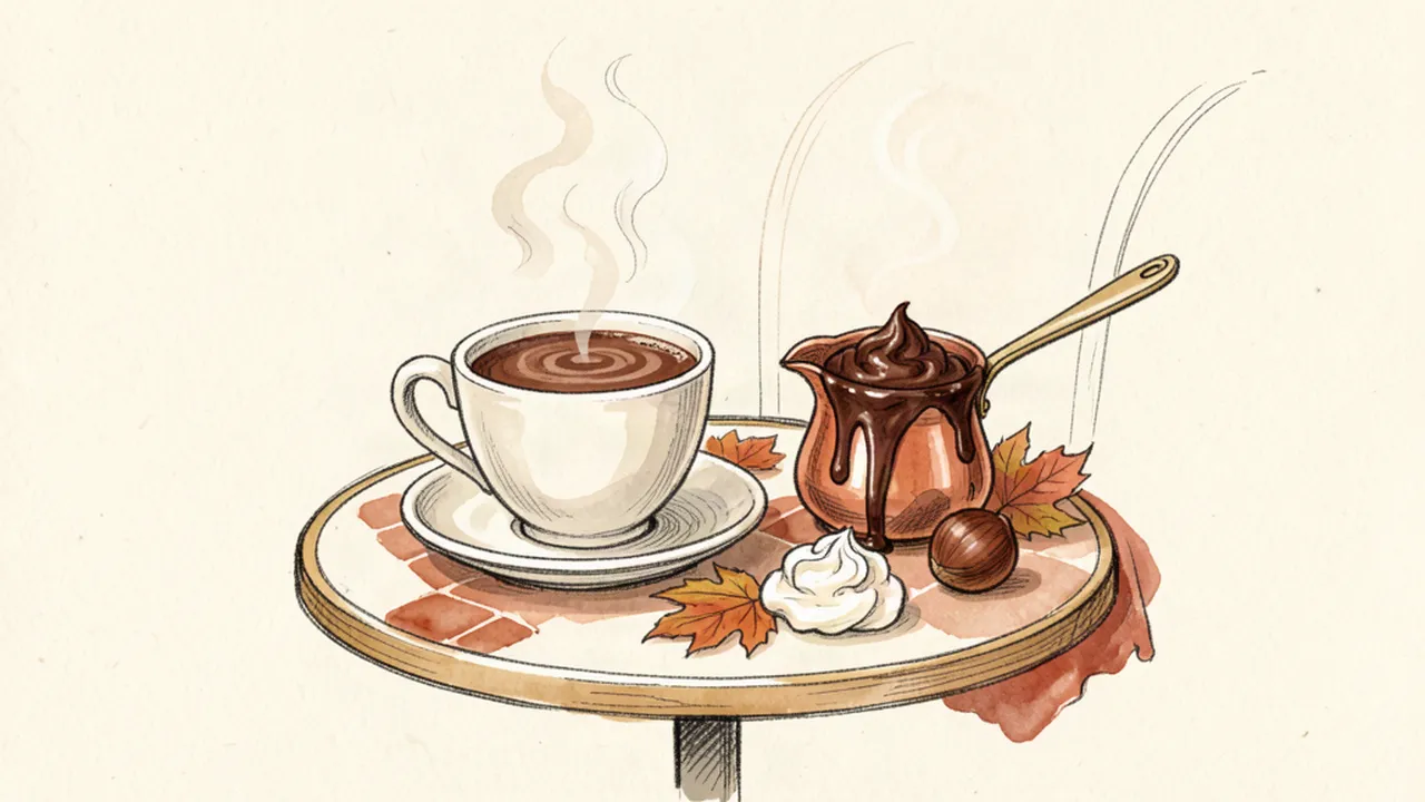 Illustration carnet d'une tasse de chocolat chaud fumante posée sur une table de café parisienne avec un petit pot en cuivre