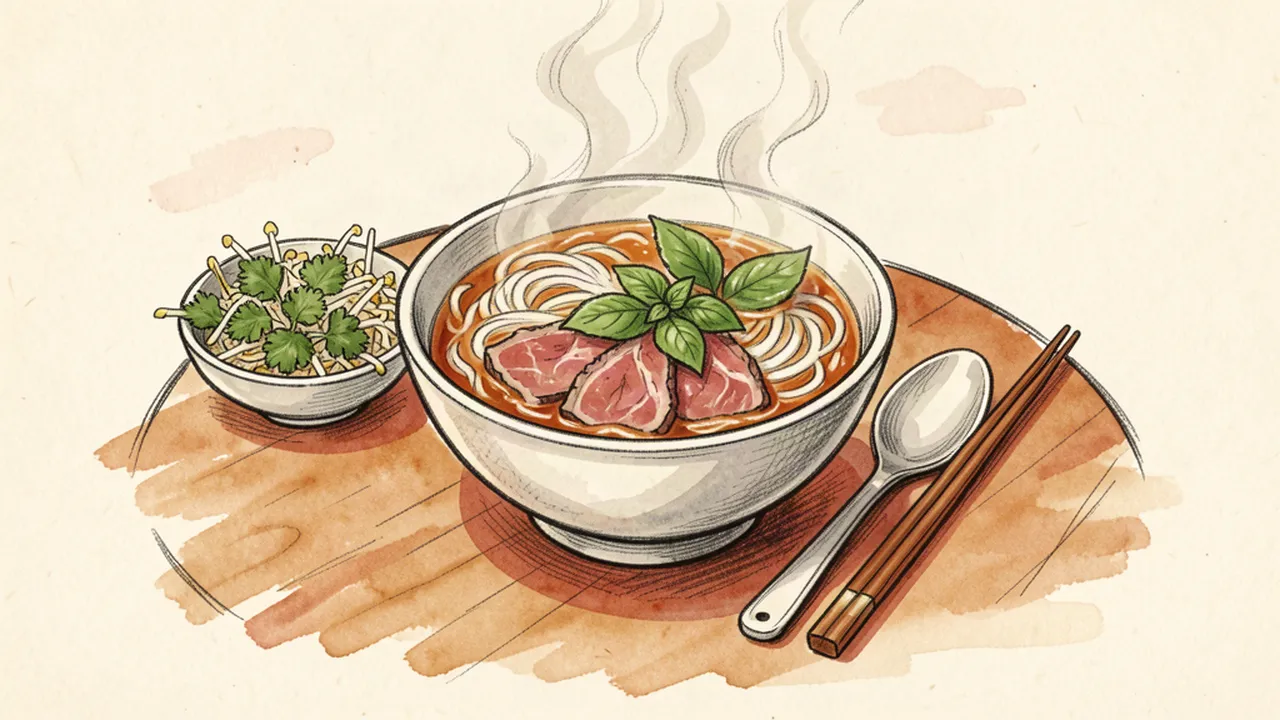 Illustration carnet d'un bol de pho fumant avec des herbes fraîches et des baguettes