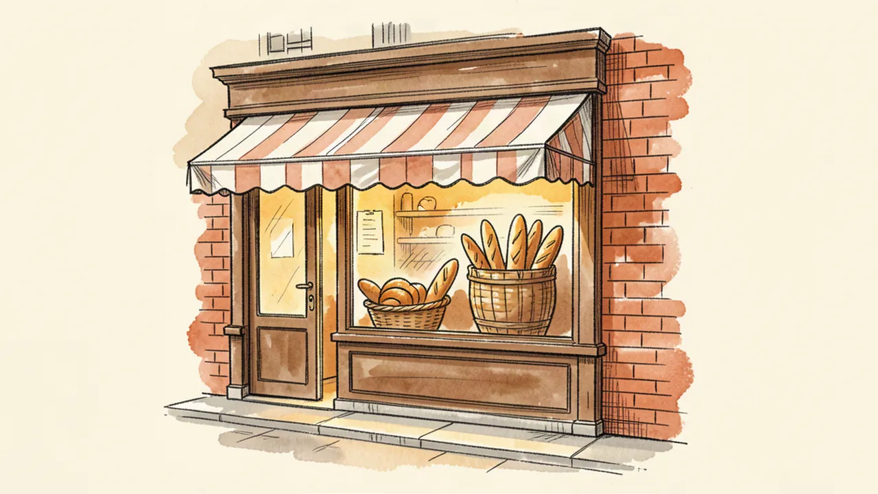 Illustration d'une devanture de boulangerie parisienne avec une baguette et un croissant en vitrine
