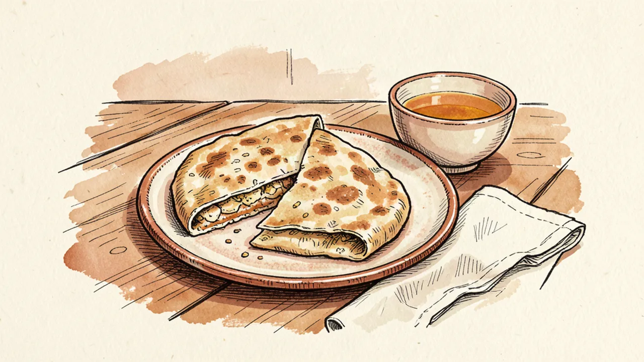 Illustration carnet d'une galette de sarrasin pliée sur une assiette en faïence avec une bolée de cidre