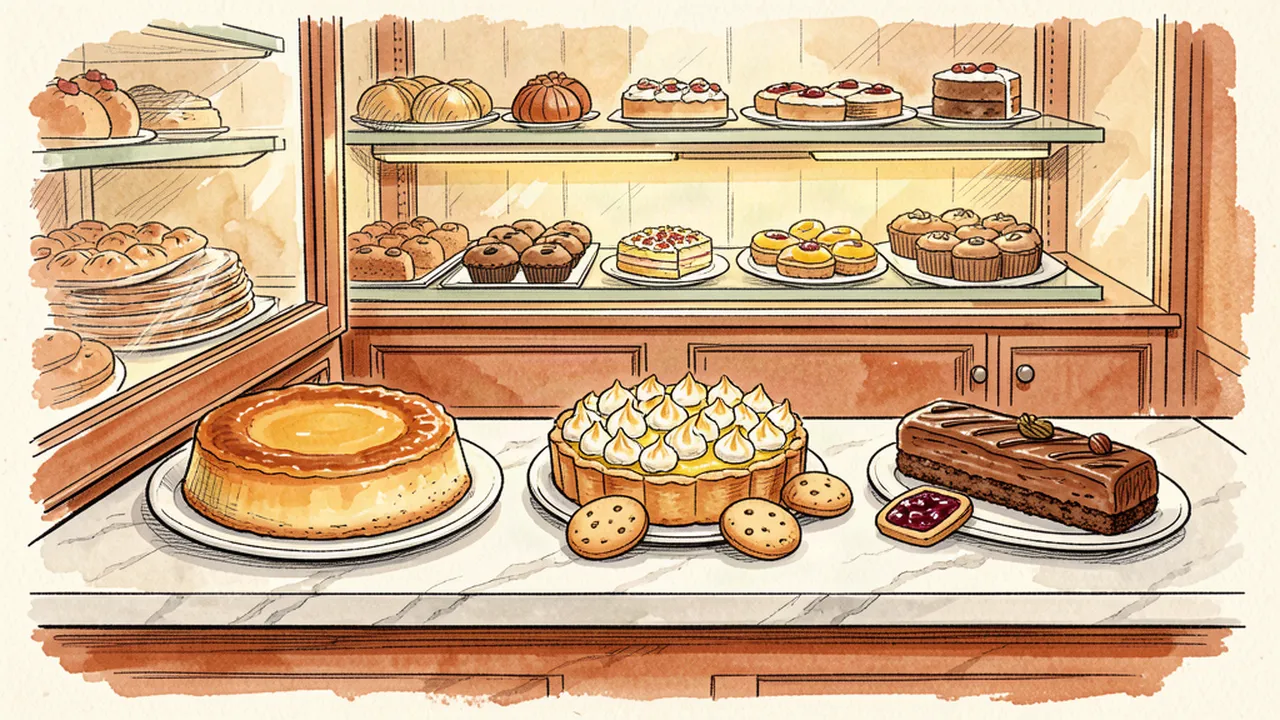 Illustration carnet d'une vitrine de pâtisserie parisienne avec un flan, une tarte au citron, des sablés et un éclair