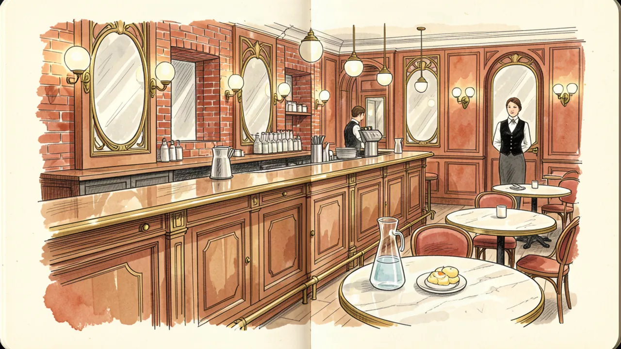 Illustration carnet d'une salle de bouillon parisien Belle Époque avec un comptoir en bois et un œuf mayo