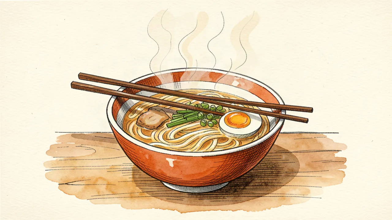 Illustration carnet d'un bol de ramen fumant avec des baguettes et un œuf mollet