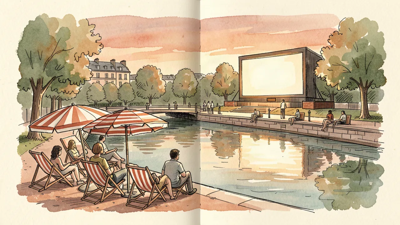 Illustration de transats et parasols au bord du bassin de la Villette en été, avec un écran de cinéma en plein air