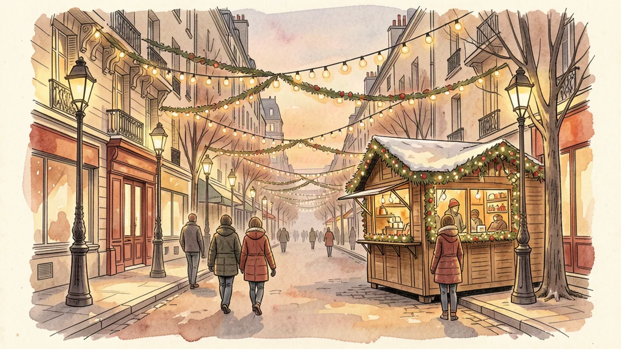 Illustration carnet d'une avenue parisienne illuminée en décembre, avec des guirlandes, un chalet de marché de Noël et des passants emmitouflés