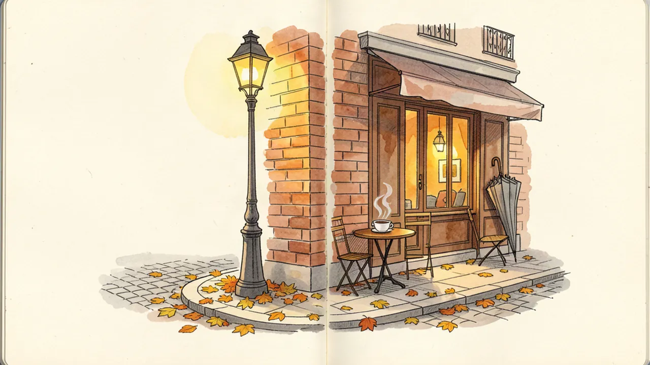 Illustration carnet d'un coin de rue parisien en novembre avec des feuilles mortes, un lampadaire allumé et la lumière chaude d'une devanture de café