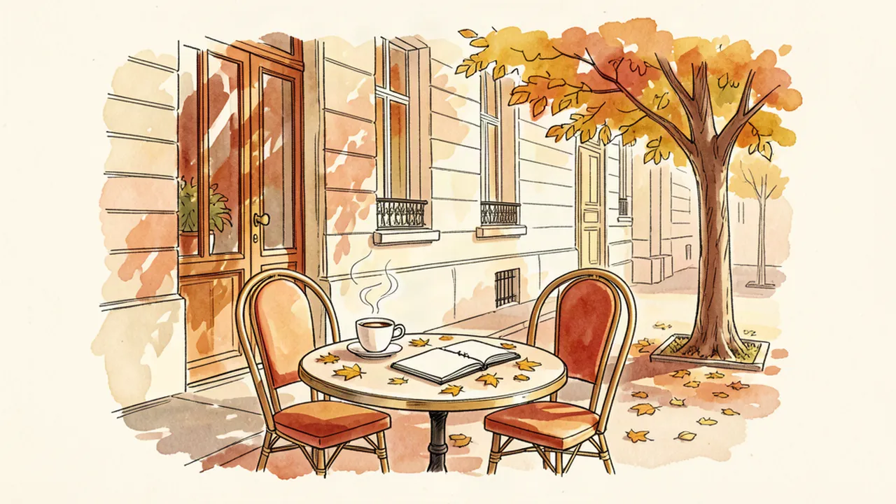 Illustration d'un Paris de septembre à la lumière dorée, avec un carnet et une tasse de café posés sur une terrasse