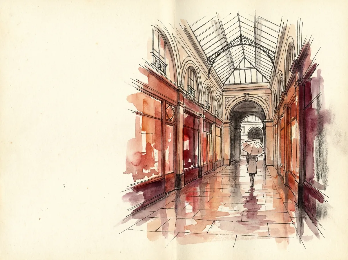 Illustration d'un passage couvert parisien un jour de pluie