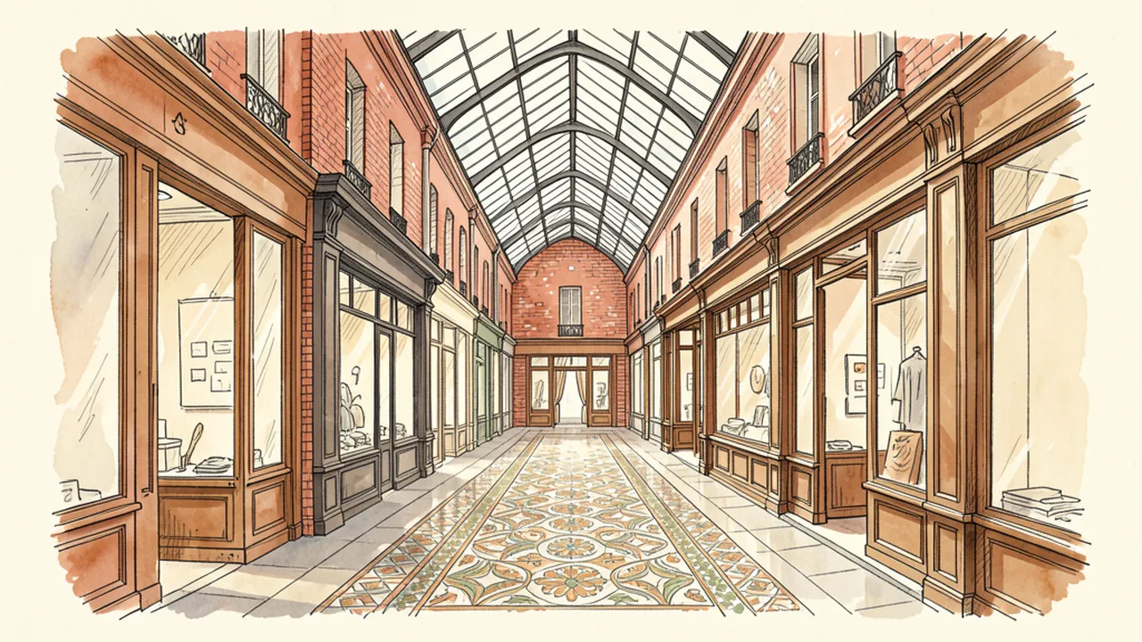 Illustration d'une galerie parisienne couverte avec verrière, sol en mosaïque et boutiques anciennes