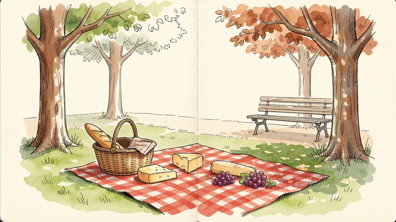 Illustration d'un pique-nique parisien avec une nappe à carreaux sur l'herbe et un panier en osier