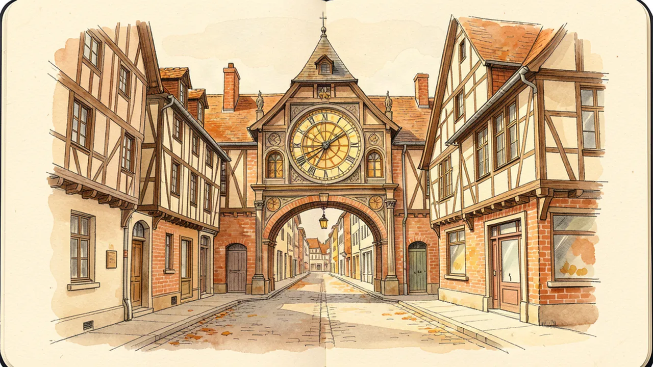 Illustration style carnet de voyage de la rue du Gros-Horloge à Rouen avec son arche à horloge astronomique et des maisons à colombages