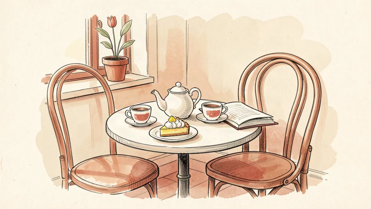 Illustration d'une table de salon de thé parisien avec une théière blanche et une part de tarte au citron