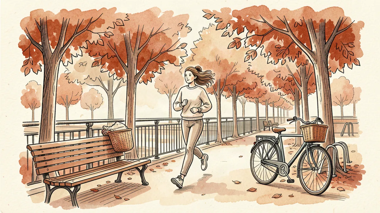 Illustration carnet d'une Parisienne qui court sur une promenade plantée, avec un vélo posé contre un banc