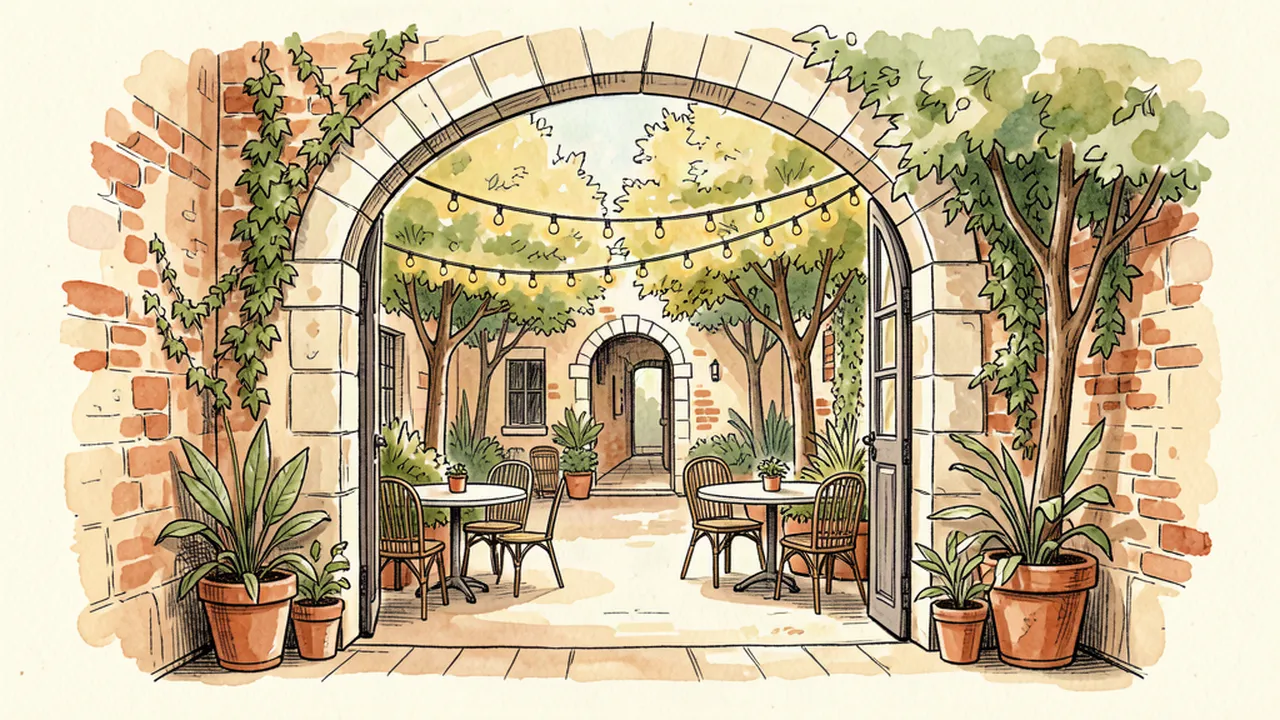 Illustration d'une cour arborée parisienne cachée derrière un porche