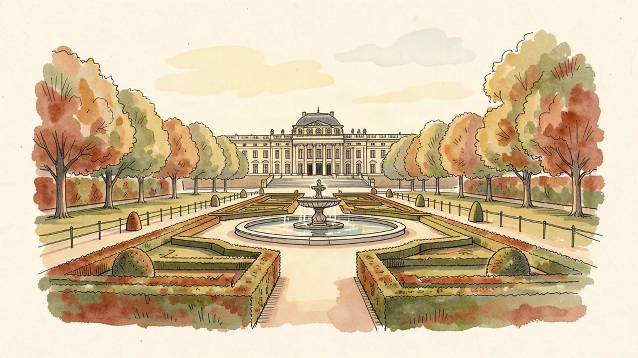 Illustration style carnet de voyage des jardins de Versailles avec une fontaine au premier plan et le château au loin